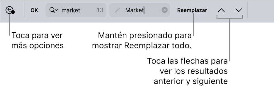 Los controles Buscar y reemplazar arriba del teclado con mensajes en los botones Opciones de Búsqueda, Reemplazar, Subir y Bajar