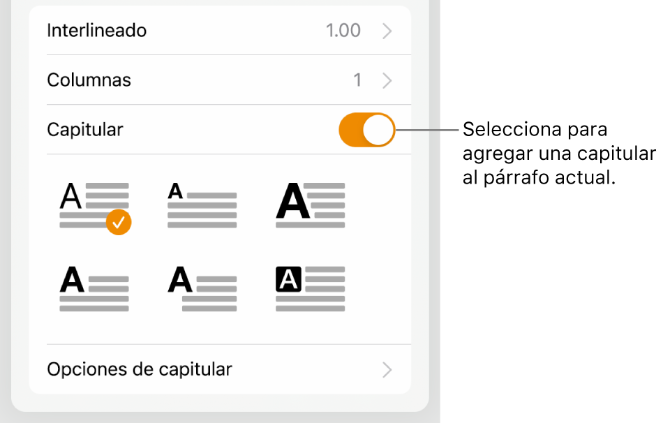 Los controles de letra capitular en el menú Texto.