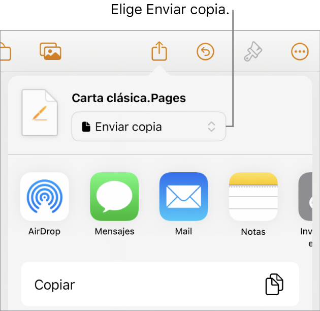 El menú Compartir con la opción Enviar copia seleccionada en la parte superior.