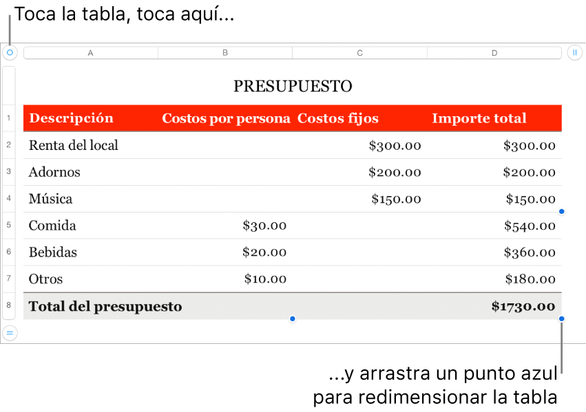 Una tabla seleccionada con puntos azules para redimensionarla.