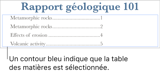 Une table des matières insérée dans un document. Les entrées contiennent les titres et leur numéro de page.