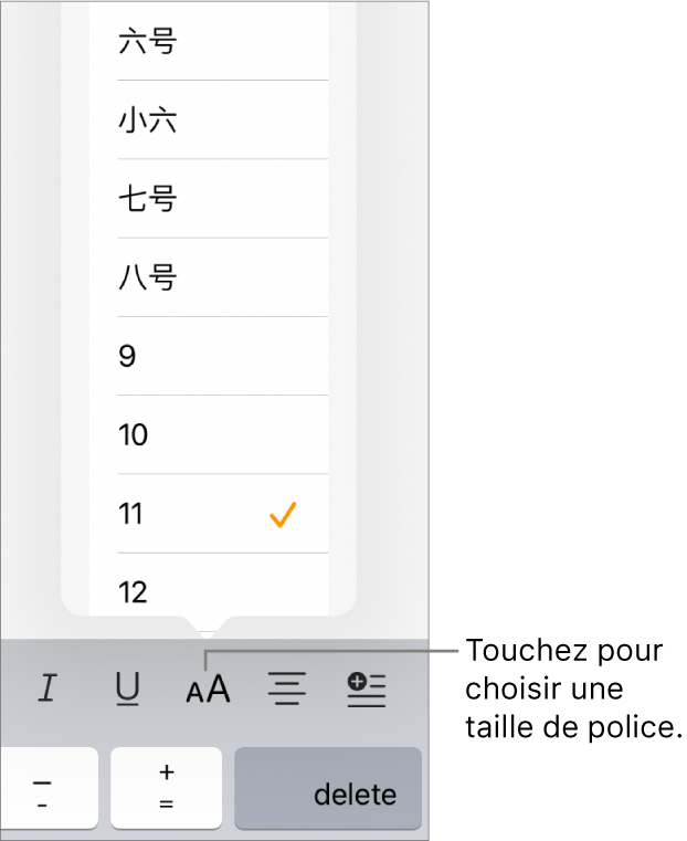 Bouton Taille de la police sur le côté droit du clavier de l’iPad avec le menu relatif aux tailles de police ouvert. Les tailles de police standard établies par le gouvernement de la Chine continentale apparaissent en haut du menu, et les tailles des points s’affichent en dessous.