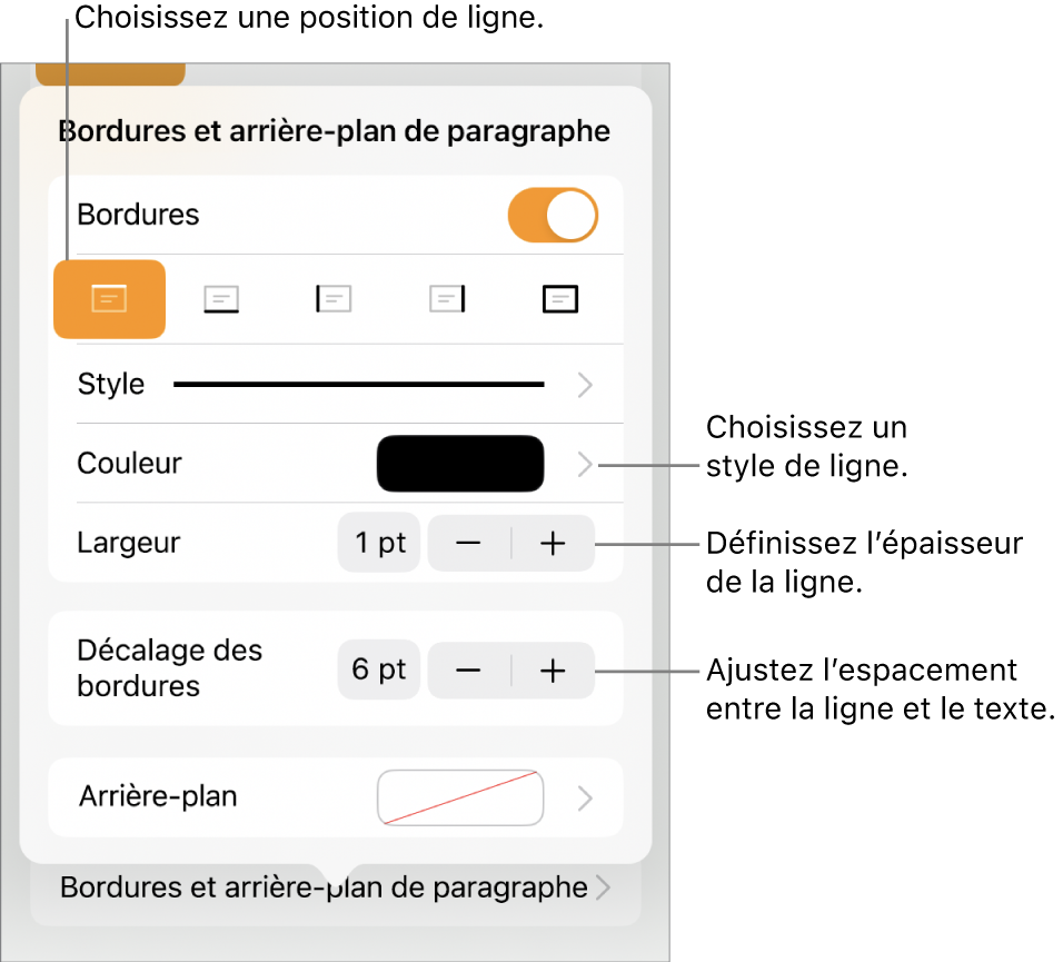 Commandes permettant de modifier le style, l’épaisseur, la position et la couleur de la ligne.