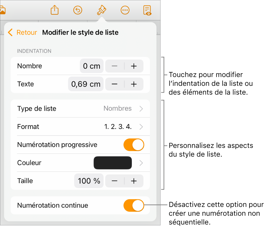 Le menu « Modifier le style de liste » avec des commandes d’espacement de l’indentation, de type et de format de liste, de numérotation progressive, de couleur et de taille de liste, et de numérotation continue.