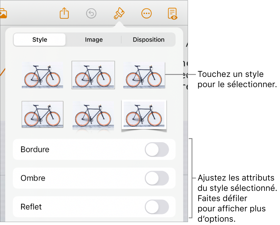 L’onglet Style du menu Format avec les styles d’objet en haut et des commandes au-dessous pour modifier la bordure, l’ombre, le reflet et l’opacité.