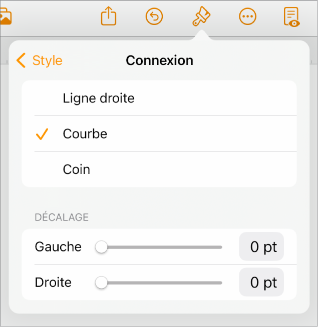 Les commandes Connexion avec l’option Courbe sélectionnée.