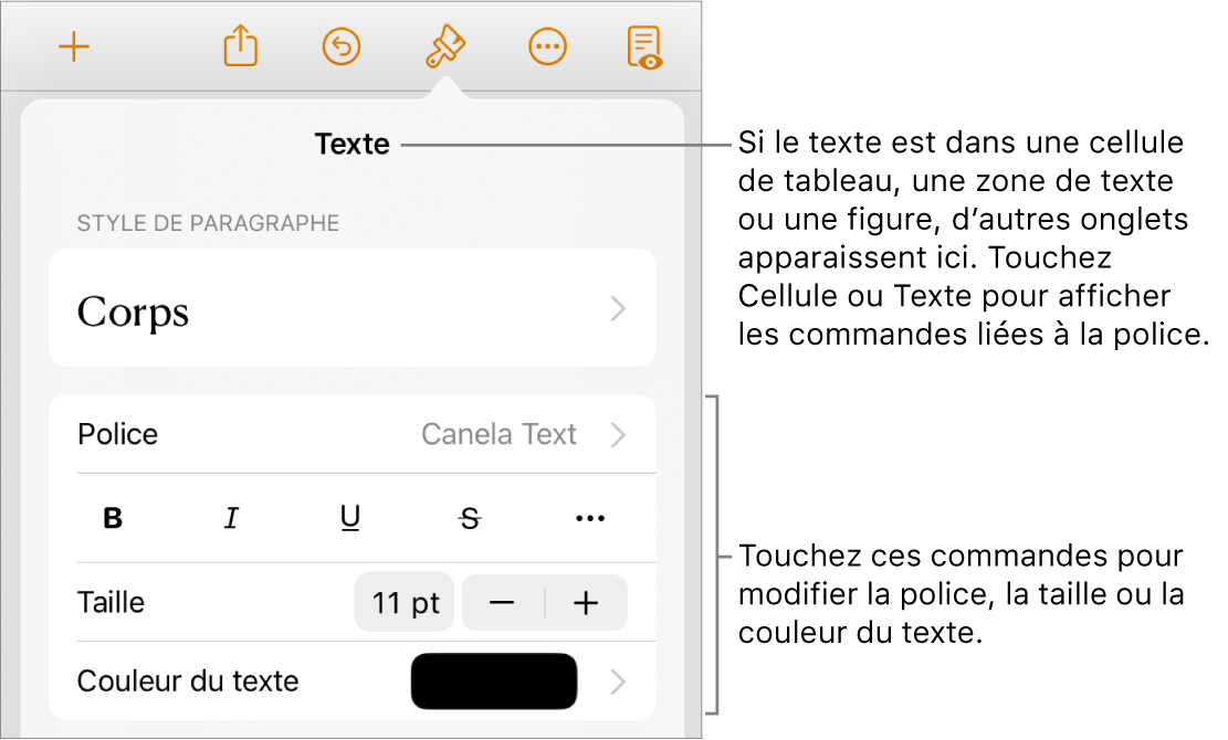 Commandes de texte du menu Format permettant de définir les styles, la police, la taille et la couleur des paragraphes et des caractères.