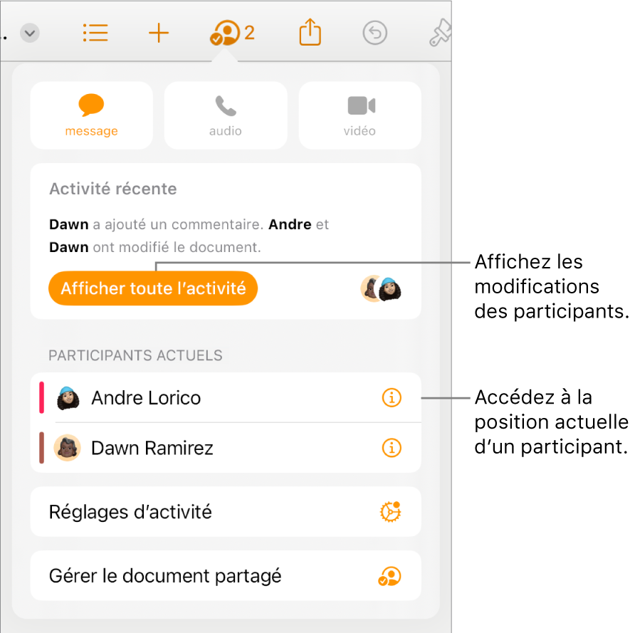 Le menu de collaboration répertoriant les participants actifs.