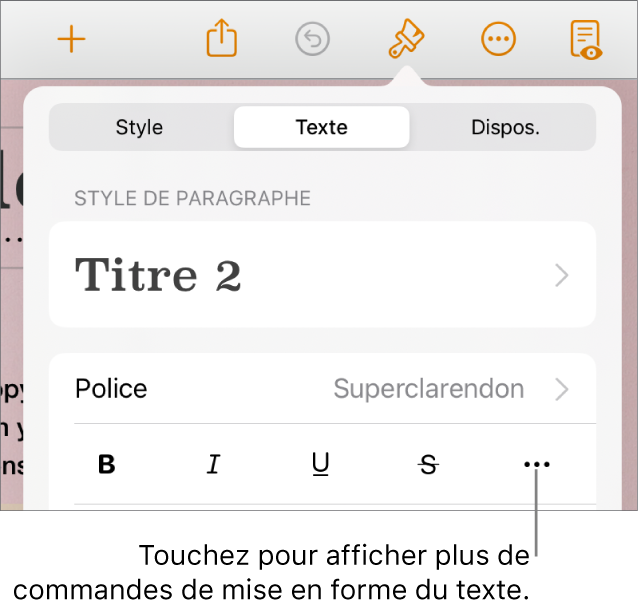 L’onglet Texte des commandes Format, avec une légende vers le bouton « Plus d’options de texte ».