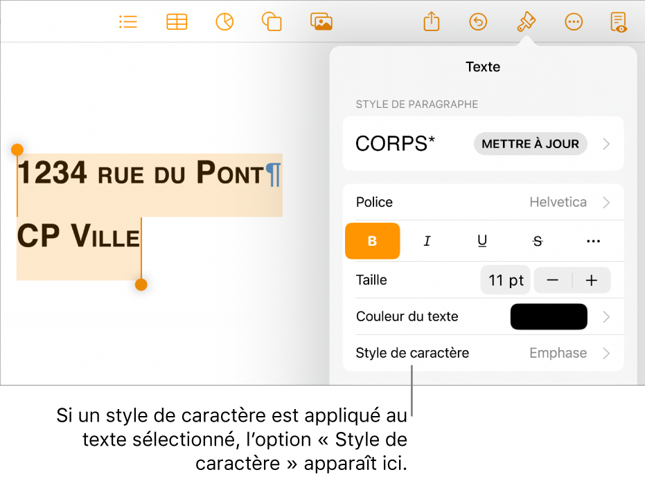 Commandes de mise en forme de texte avec Style de caractère au-dessous des commandes « Couleur de texte ».