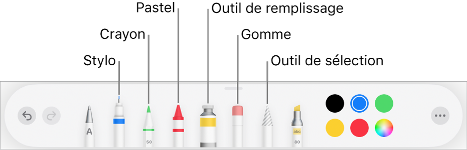 La barre d’outils de dessin dans Pages sur iPad avec le stylo, le crayon, le pastel, l’outil de remplissage, la gomme, l’outil de sélection et le cadre de couleur indiquant la couleur actuelle.