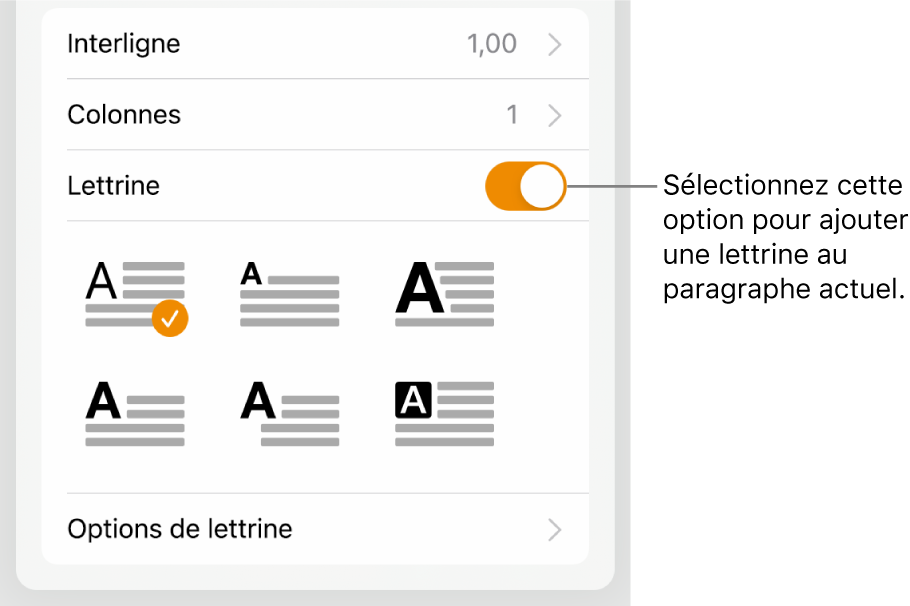 Les commandes Lettrine situées dans le menu Texte.