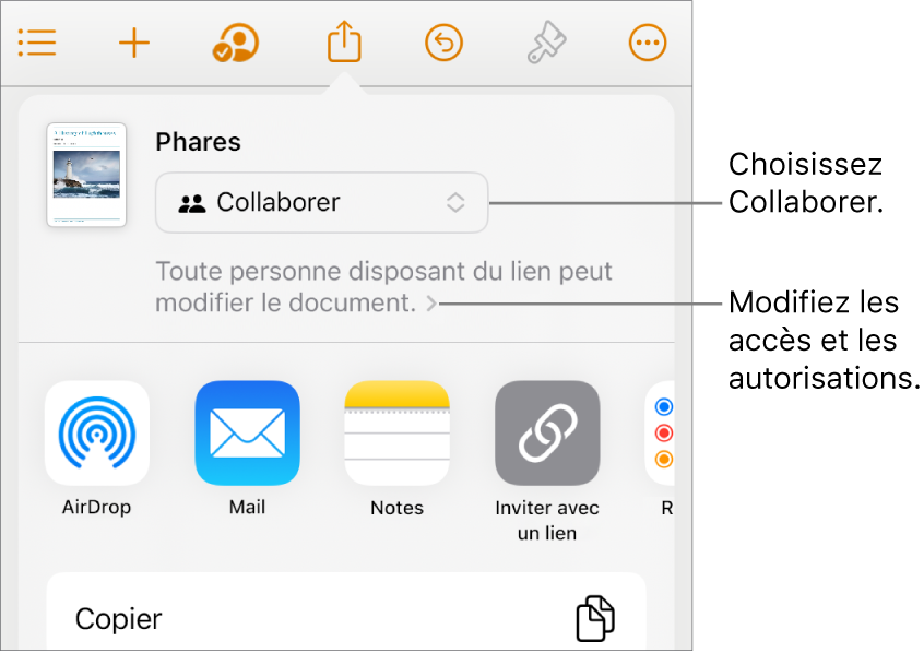 Le menu Partager avec l’option Collaborer sélectionnée en haut, et des réglages d’accès et d’autorisation en dessous.