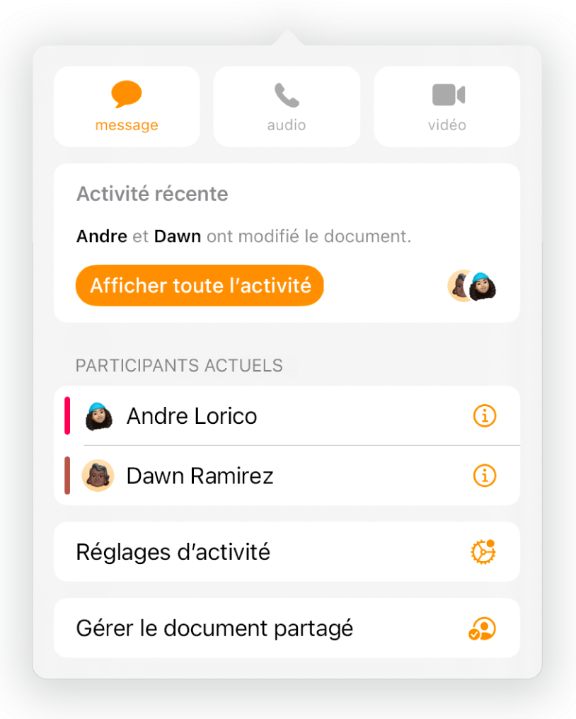 Le menu de collaboration affichant le nom des personnes qui collaborent sur le document.