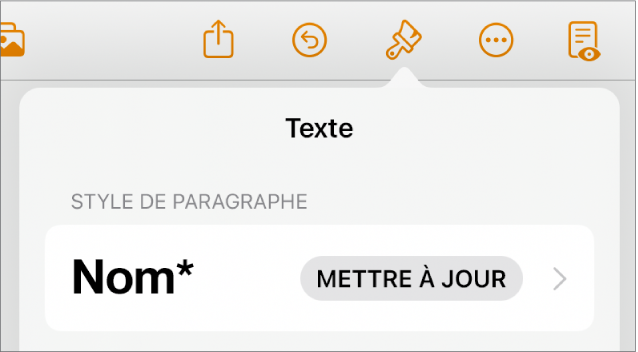 Style de paragraphe Corps avec un astérisque à côté de celui-ci et un bouton Mettre à jour situé à droite.