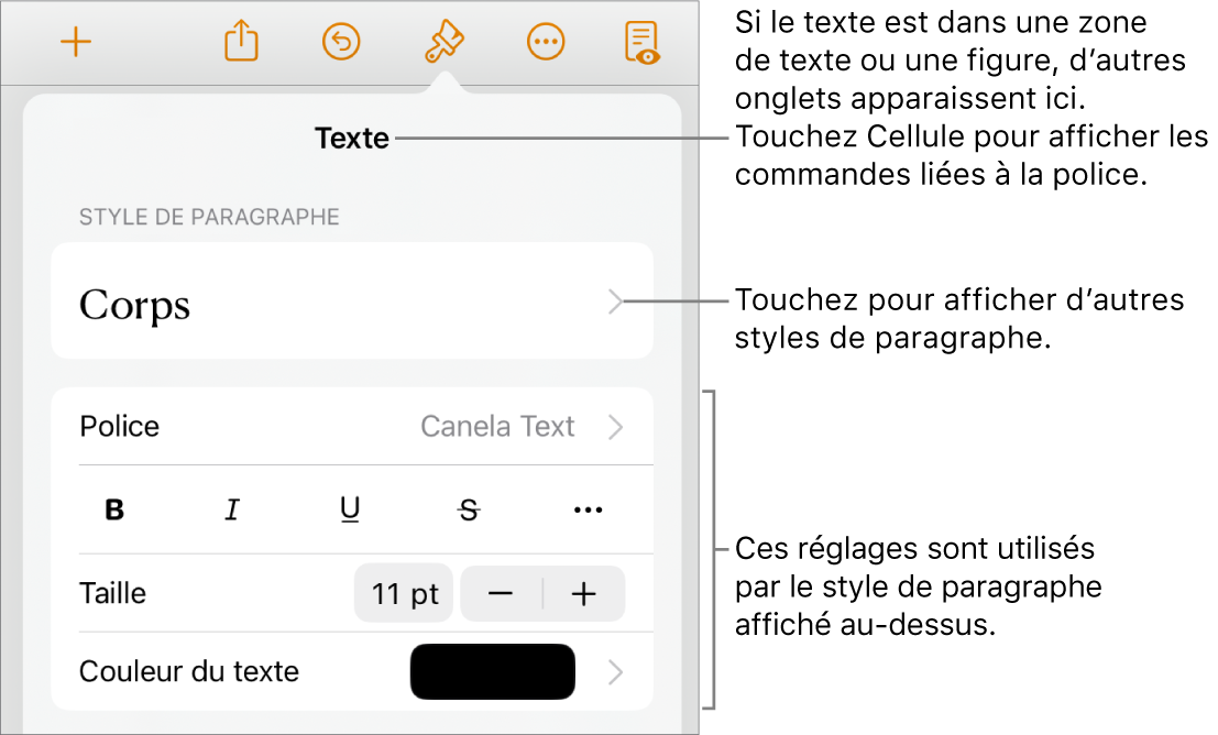 Menu Format montrant les commandes de texte permettant de définir les styles, la police, la taille et la couleur des paragraphes et des caractères.