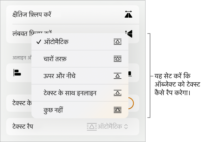 व्यवस्था करें टैब वाला फ़ॉर्मैट नियंत्रण। इसके नीचे “पीछे/आगे मूव करें”, “टेक्स्ट के साथ मूव करें” और “टेक्स्ट रैप” के साथ “टेक्स्ट रैप” नियंत्रण हैं।