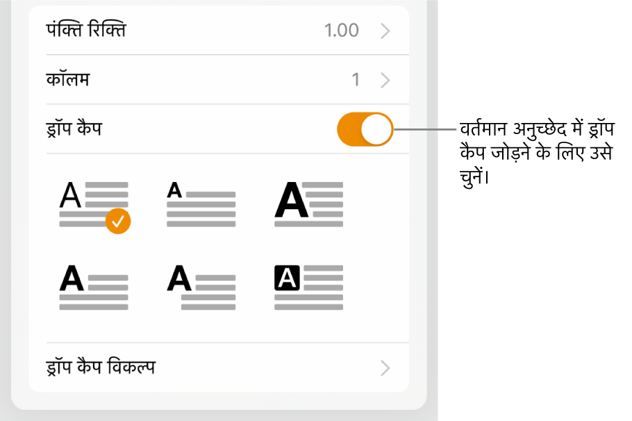 ड्रॉप कैप नियंत्रण टेक्स्ट मेनू के नीचे होते हैं।