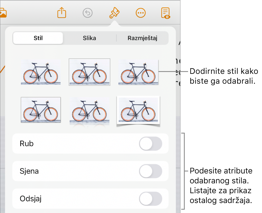 Kartica Stil izbornika Formatiraj sa stilovima objekata na vrhu i kontrole ispod njih za promjenu ruba, sjene, odsjaja i neprozirnosti.