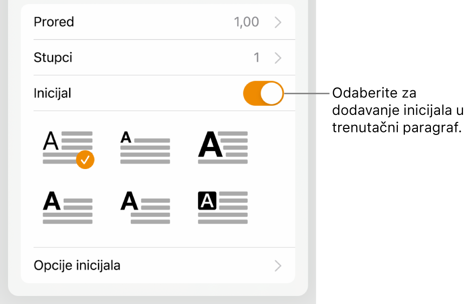 Kontrole opcija Inicijal koje se nalaze u izborniku Tekst.