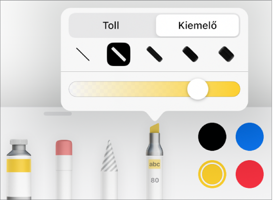 Az Intelligens annotáció eszköz menüje a toll és kijelölő gombokkal, a vonalszélesség beállításaival és az átlátszóság csúszkával.