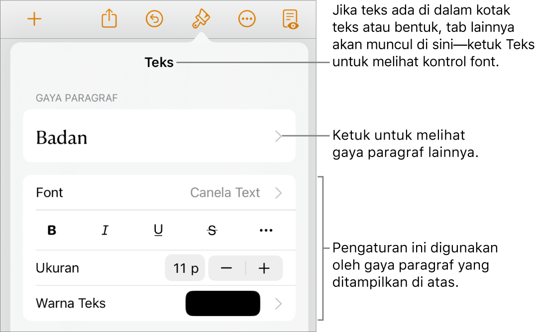 Menu Format menampilkan kontrol teks untuk mengatur paragraf dan gaya karakter, font, ukuran, dan warna.