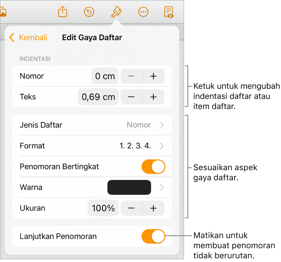 Menu Edit Gaya Daftar untuk spasi indentasi, jenis dan format daftar, penomoran bertingkat, warna dan ukuran daftar, serta penomoran berkelanjutan.