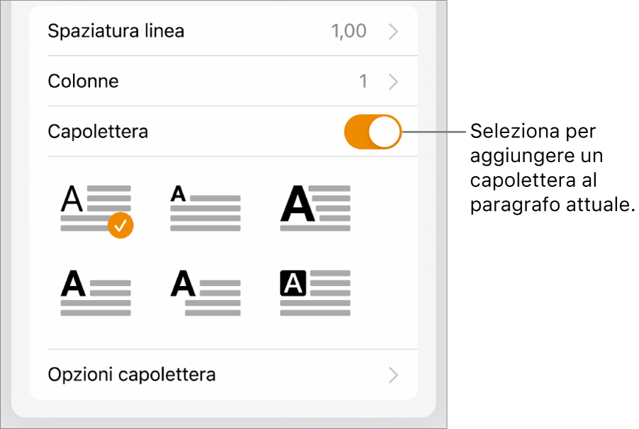 I controlli Capolettera situati nel menu Testo.