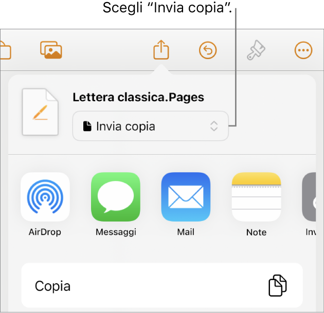 Il menu Condividi con l’opzione “Invia copia” selezionata in alto.