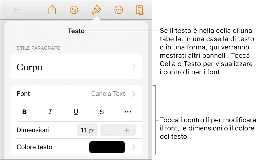 Controlli di testo nel menu Formattazione per impostare stili di carattere e paragrafo, font, dimensione e colore.