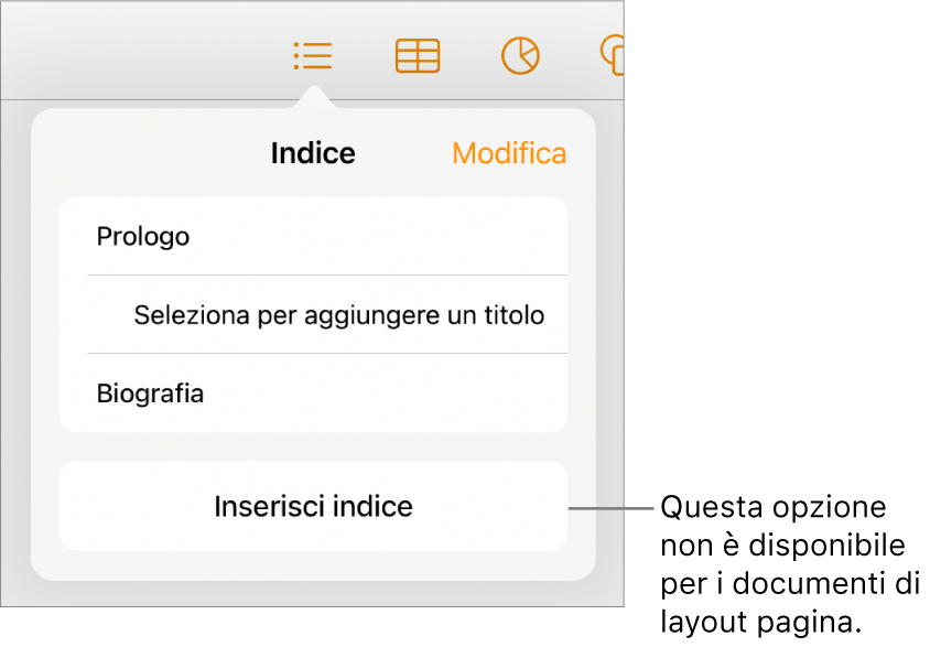 La vista indice con Modifica nell’angolo superiore destro, le voci dell’indice e il pulsante “Inserisci indice” nella parte inferiore.