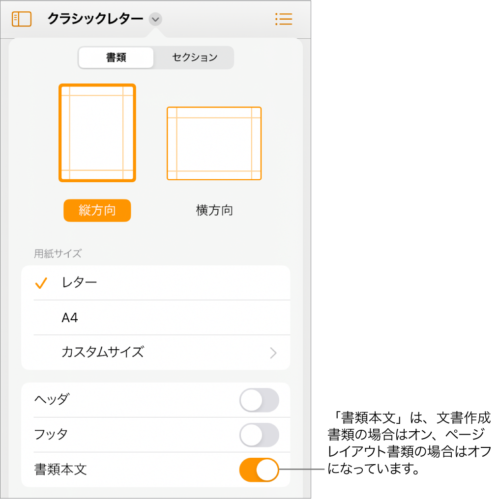 「書類」フォーマット用のコントロール。画面下部付近の「書類本文」がオンになっています。
