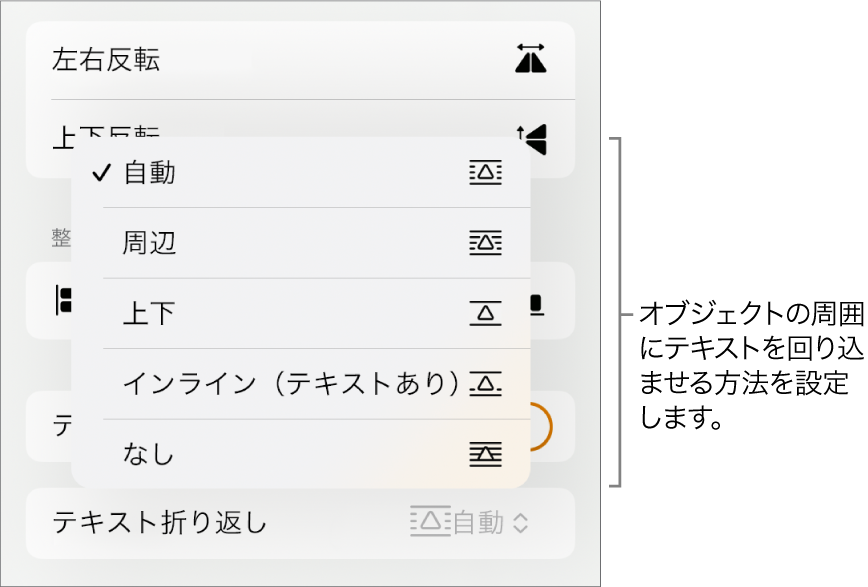 「フォーマット」コントロール。「配置」タブが選択され、その下にある「テキスト折り返し」コントロールで、「後ろ/前に移動」、「テキストと共に移動」、および「テキスト折り返し」が表示された状態。