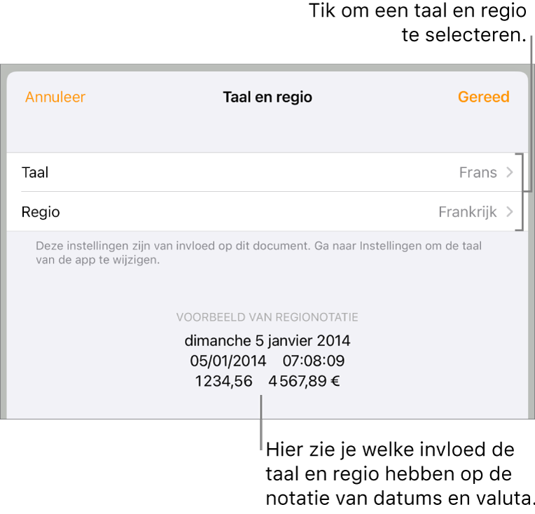 Paneel met regelaars voor de taal en regio en een voorbeeld van de notatie van datum, tijd, decimaalteken en valuta.