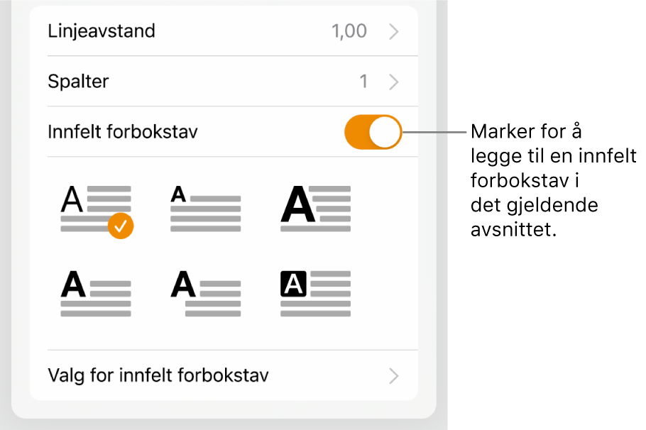 Innfelt forbokstav-kontrollene vises i Tekst-menyen.