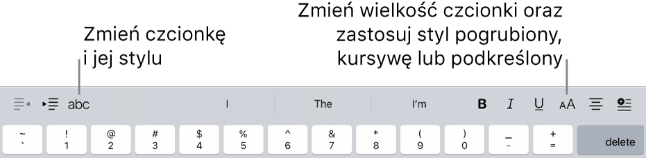 Przyciski formatowania tekstu, widoczne nad klawiaturą. Od lewej: wcięcie, czcionki, trzy pola predykcji tekstu, wielkość czcionki, wyrównanie oraz wstawianie.