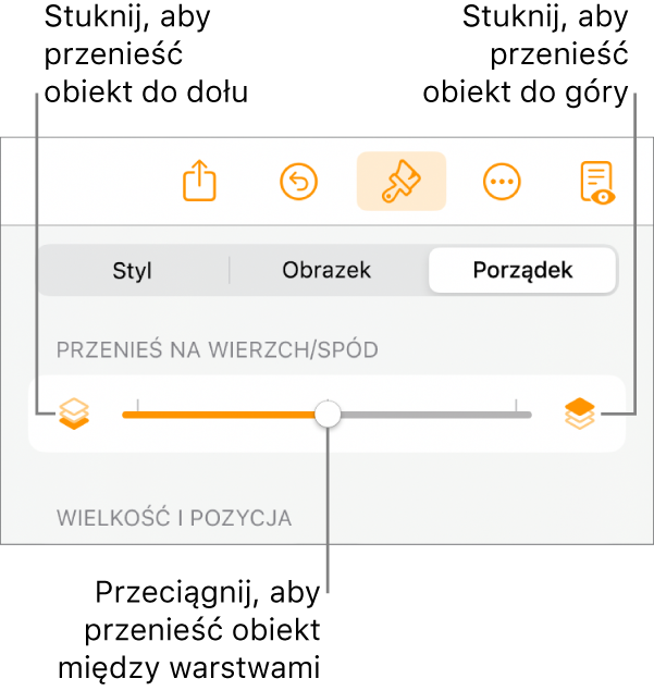 Przycisk przenoszenia niżej, przycisk przenoszenia wyżej i suwak warstw.