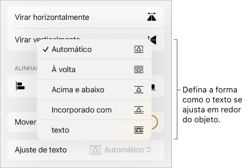 Os controlos de "Formatação” com o separador "Ordem” selecionado. Por baixo estão os controlos “Ajuste de texto” com “Passar para a frente/para trás”, “Mover com texto” e “Ajuste de texto”.