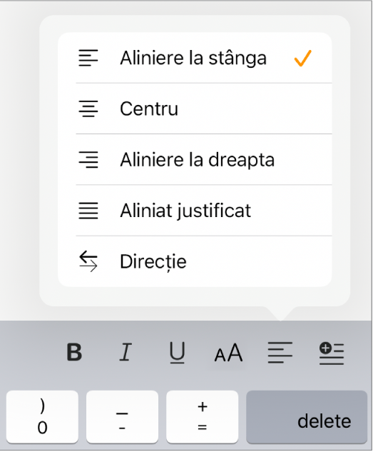 Bara Format afișând comenzi pentru indentarea textului și alinierea paragrafelor.