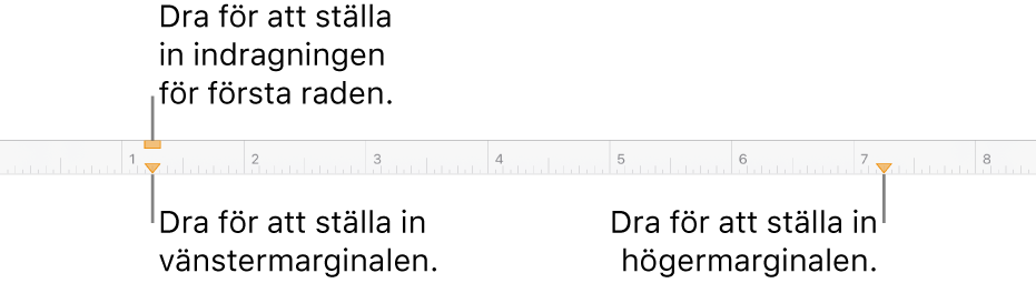 Linjalen med linjer som pekar mot markören för vänstermarginalen, indragsmarkören för första raden och markören för högermarginalen.