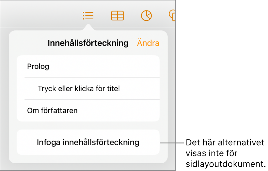 Innehållsförteckningsvyn med Ändra i det övre högra hörnet, innehållsförteckningsposter och knappen Infoga innehållsförteckning längst ned.