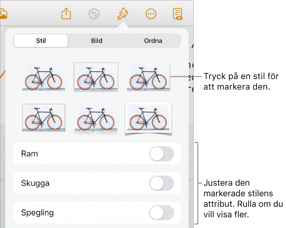 Fliken Stil på menyn Format med objektstilar överst och reglagen under dem för att ändra ramen, skuggor, spegling och opacitet.