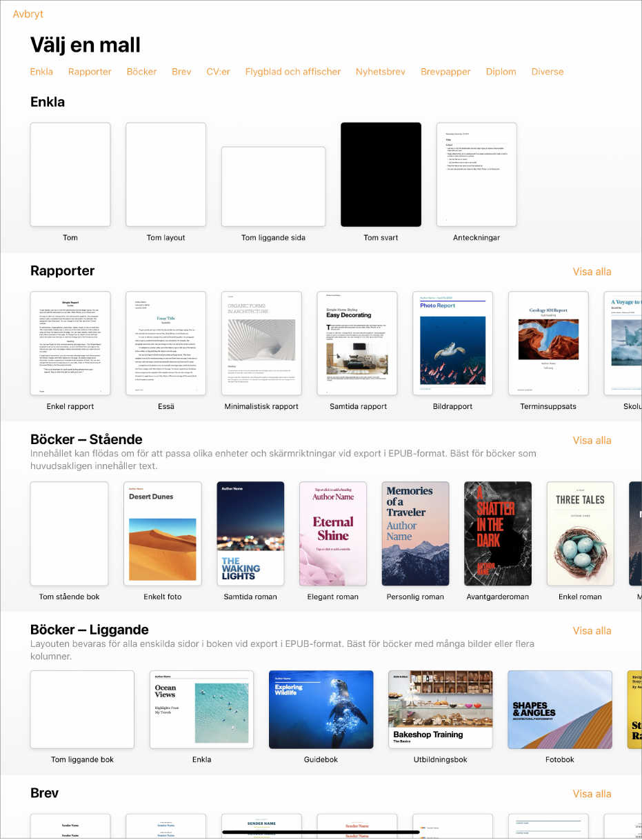 Längs överkanten i mallväljaren visas en rad med kategorier som du kan trycka på om du vill filtrera alternativen. Nedanför finns miniatyrer av fördesignade mallar som är ordnade i rader efter kategorier. Högst upp visas Senaste, följt av Enkla och Rapporter. Knappen Visa alla syns ovanför och till höger om varje kategorirad. Knappen för språk och region finns i övre högra hörnet.