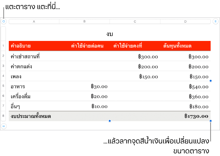 ตารางที่เลือกอยู่พร้อมจุดสีน้ำเงินสำหรับปรับขนาด