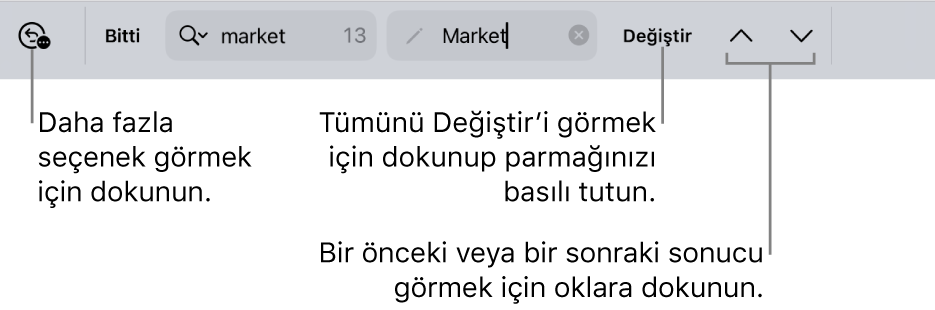 Arama Seçenekleri, Değiştir, Yukarı Git ve Aşağı Git düğmelerine belirtme çizgileriyle klavyenin üst tarafındaki Bul ve Değiştir denetimleri