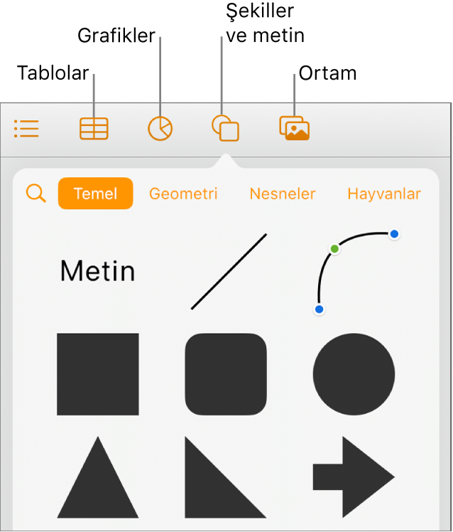 En üstte tablo, grafik, şekil (çizgiler ve metin kutuları da dahil olmak üzere) ve ortam seçme düğmelerini gösteren nesne ekleme denetimleri.