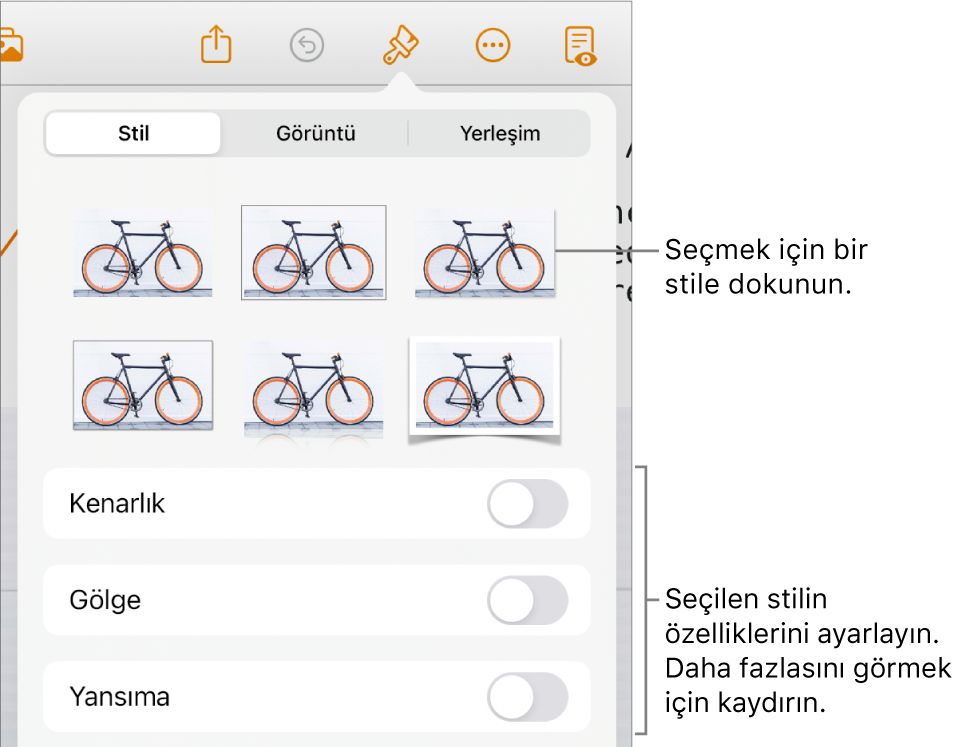 En üstte nesne stilleri ve onların altında sınır, gölge, yansıma ve opaklık değiştirme denetimleriyle Biçim menüsünün Stil sekmesi.