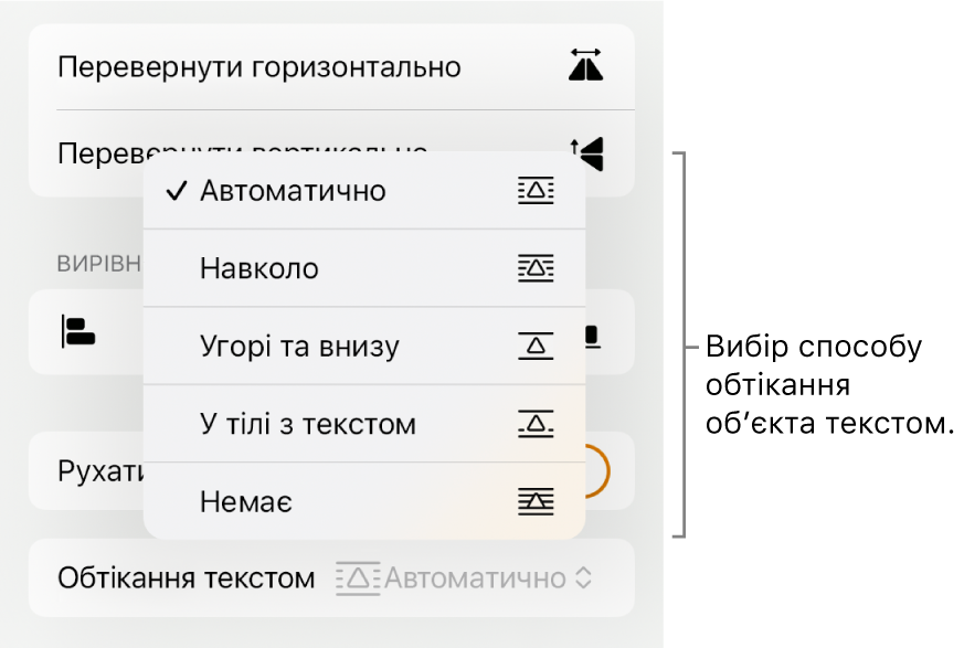 Елементи керування «Формат» і вибрана вкладка «Розміщення». Нижче знаходяться елементи керування обтіканням з опціями «Перемістити наперед/назад», «Перемістити з текстом» та «Обтікання текстом»