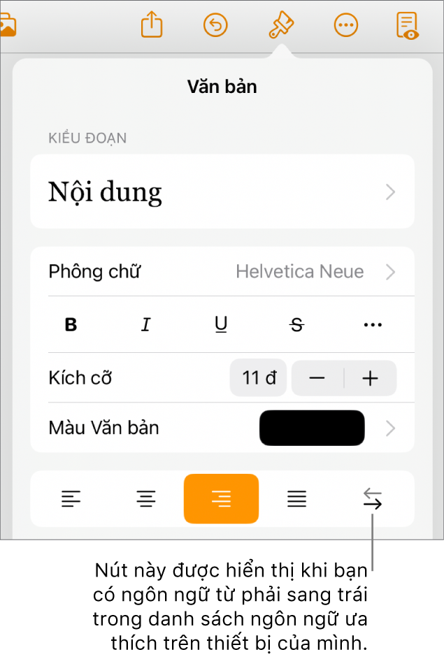 Các điều khiển văn bản trong menu Định dạng với chú thích đang trỏ tới nút Phải sang trái.