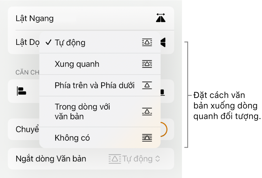 Các điều khiển Định dạng với tab Sắp xếp được chọn. Bên dưới là các điều khiển Ngắt dòng văn bản với Chuyển ra trước/sau, Chuyển với văn bản và Ngắt dòng văn bản.